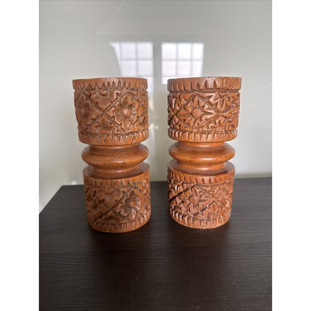 Vintage Hand-carved Wooden Pillar Candle Holders Geometric Floral Sunburst Set